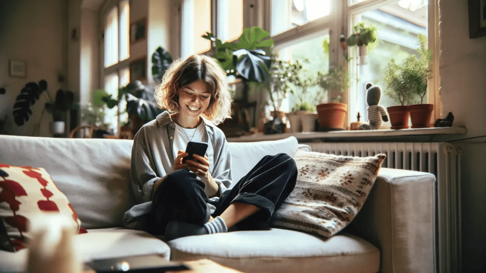 Auf unserem von einer Künstlichen Intelligenz erstellten Bild sitzt eine Person auf dem Sofa und scrollt am Smartphone.