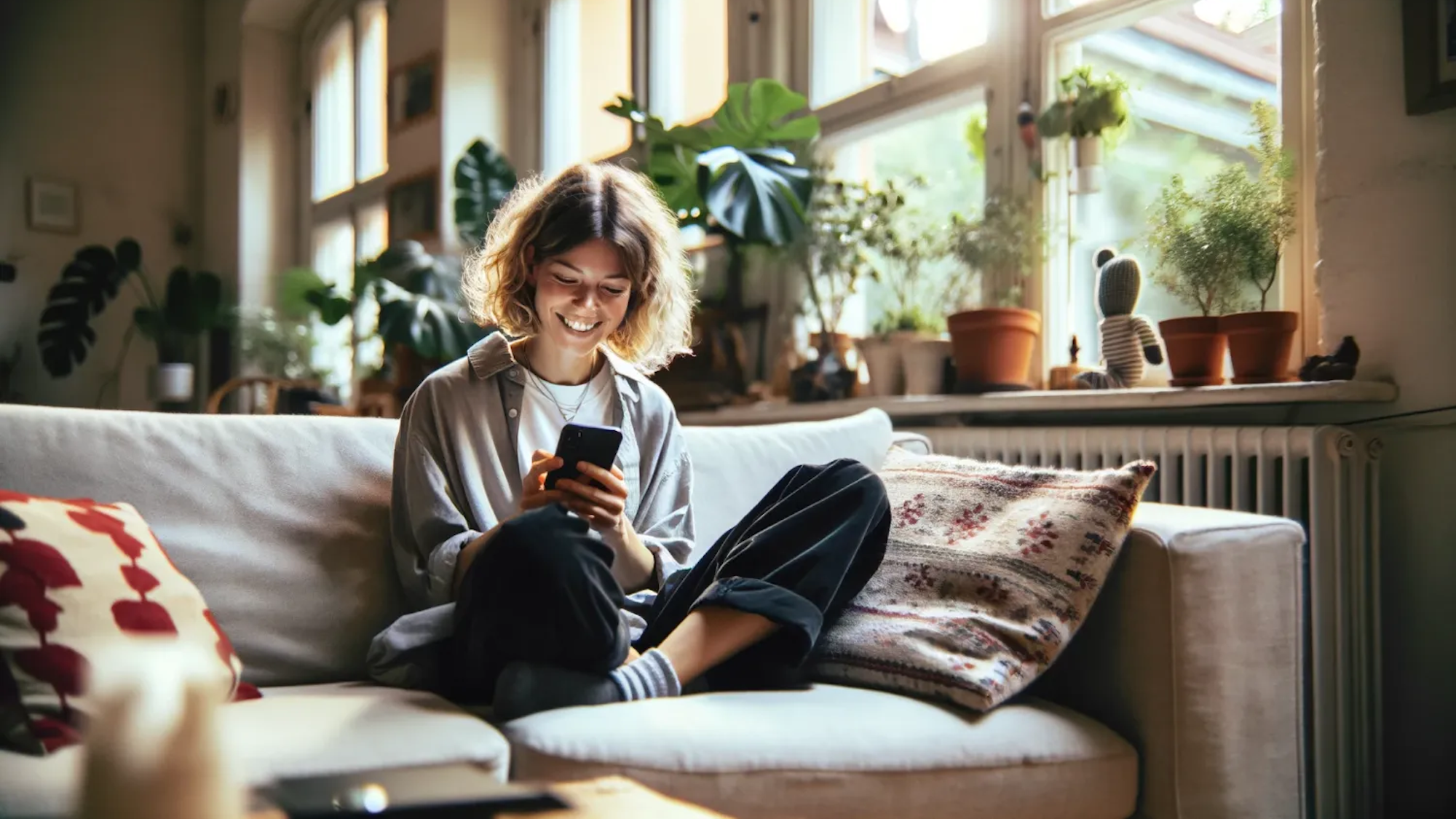 Auf unserem von einer Künstlichen Intelligenz erstellten Bild sitzt eine Person auf dem Sofa und scrollt am Smartphone.