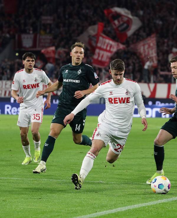 1. FC Köln gegen Werder Bremen: Jan Thielmann (Köln) und Mitchel Weiser (Bremen) im Zweikampf.