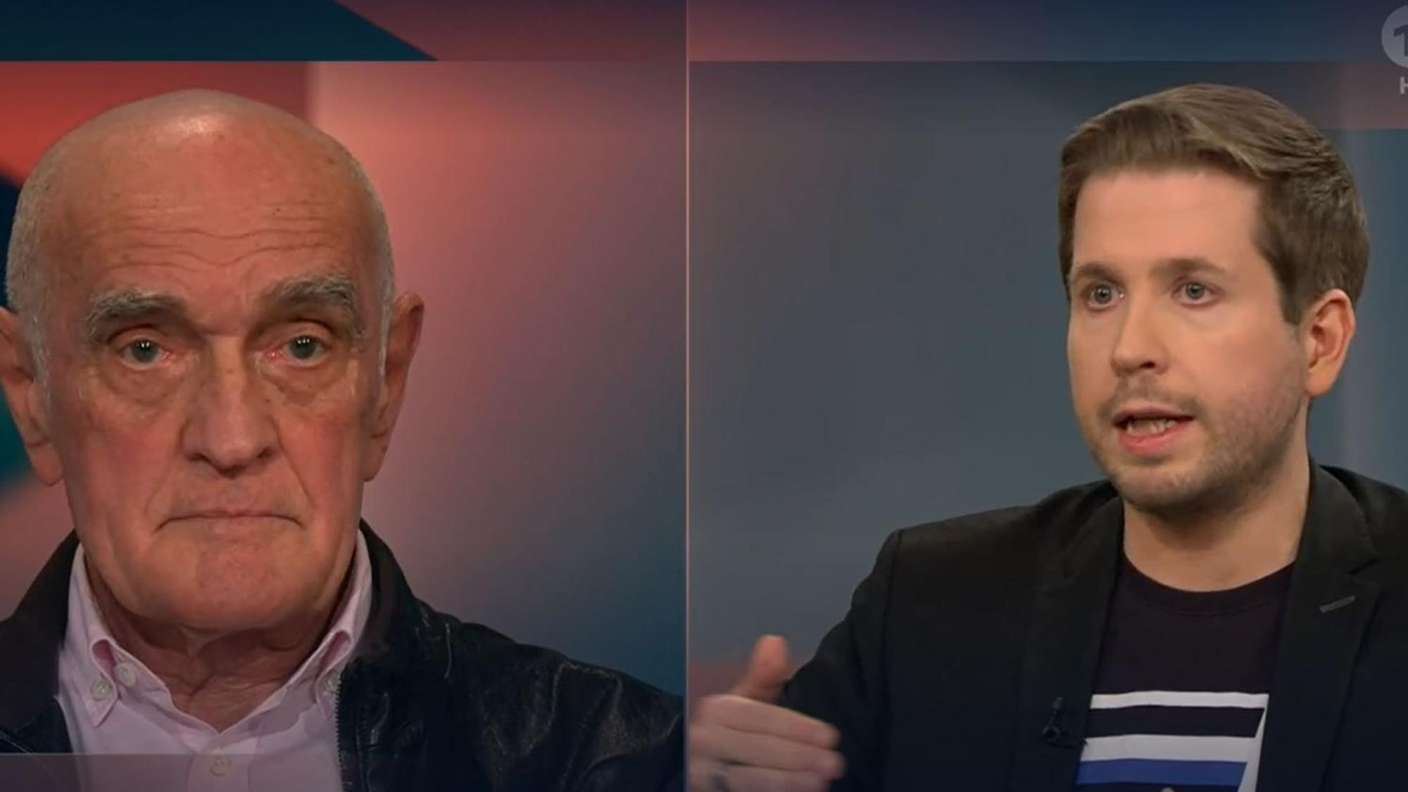 Splitscreen mit Kevin Kühnert und Martin Kind bei „Hart aber fair“.