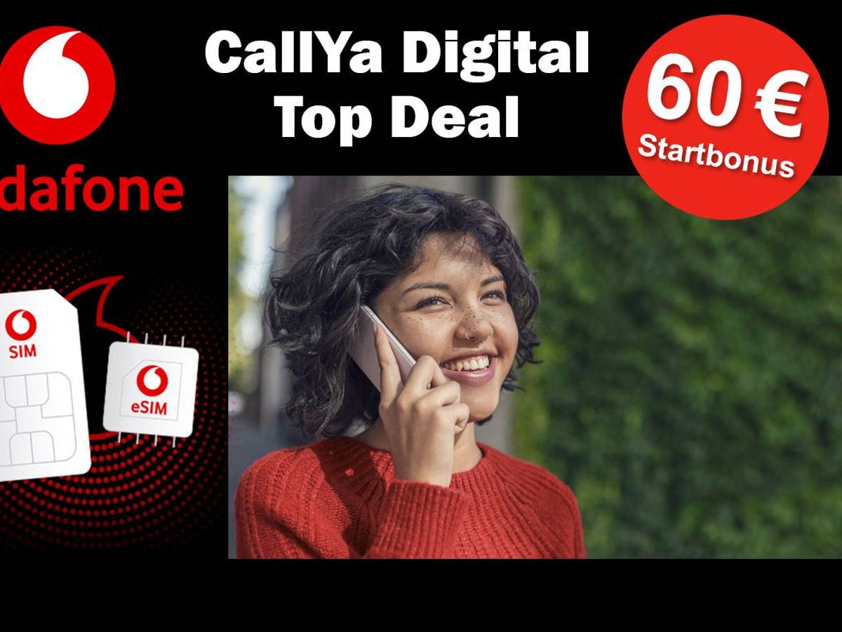 Junge Frau telefoniert mit Smartphone. Vodafone SIM-Karten im Bild.