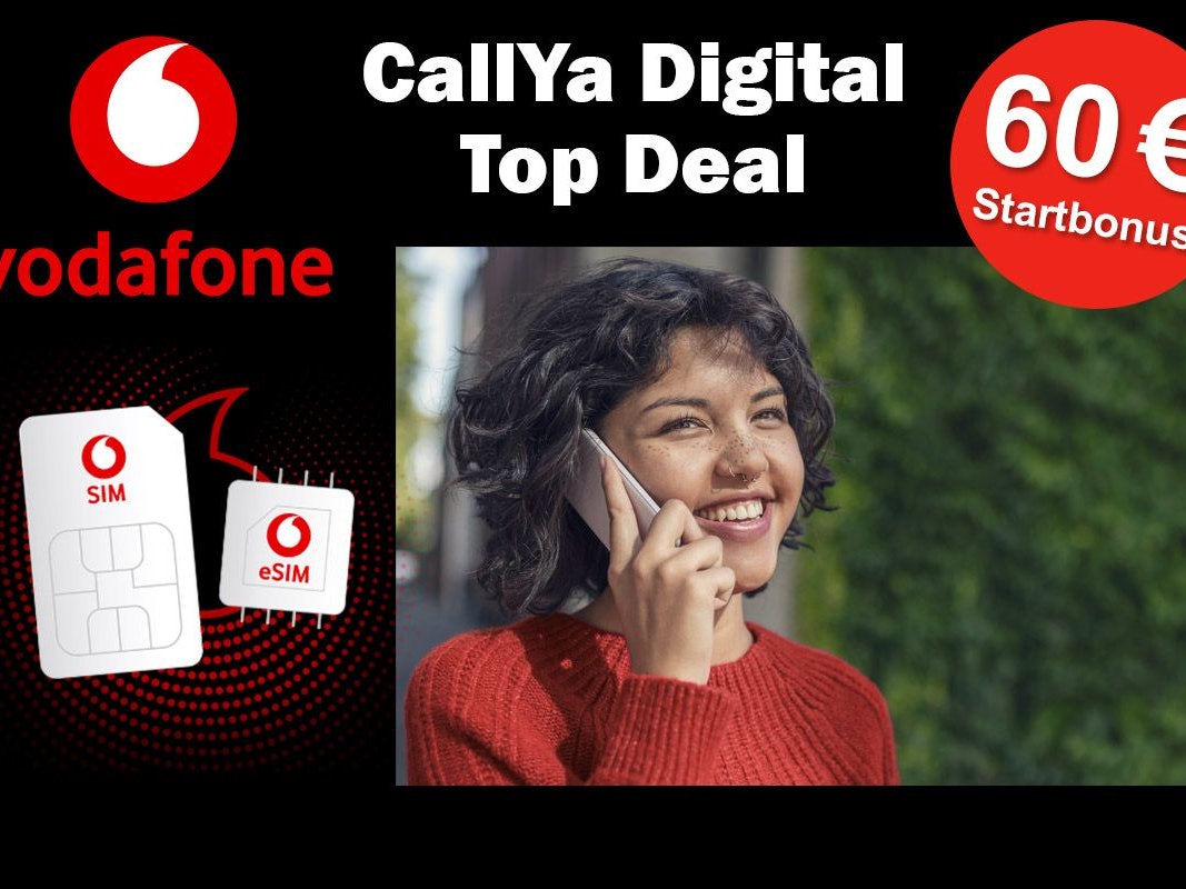 Junge Frau telefoniert mit Smartphone. Vodafone SIM-Karten im Bild.