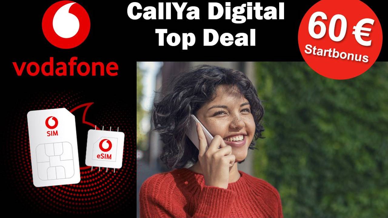 Junge Frau telefoniert mit Smartphone. Vodafone SIM-Karten im Bild.
