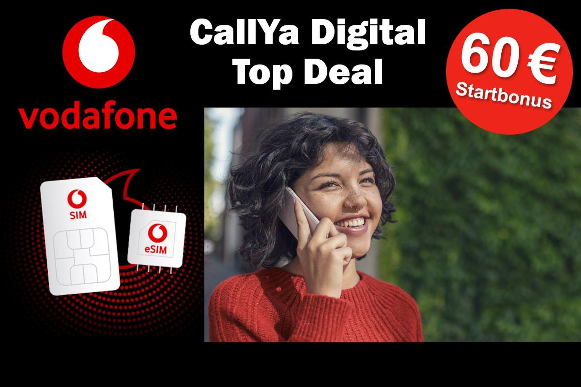 Junge Frau telefoniert mit Smartphone. Vodafone SIM-Karten im Bild.