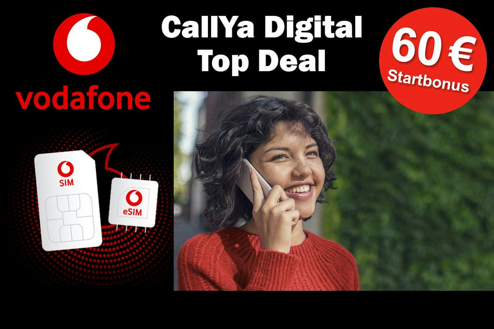 Junge Frau telefoniert mit Smartphone. Vodafone SIM-Karten im Bild.