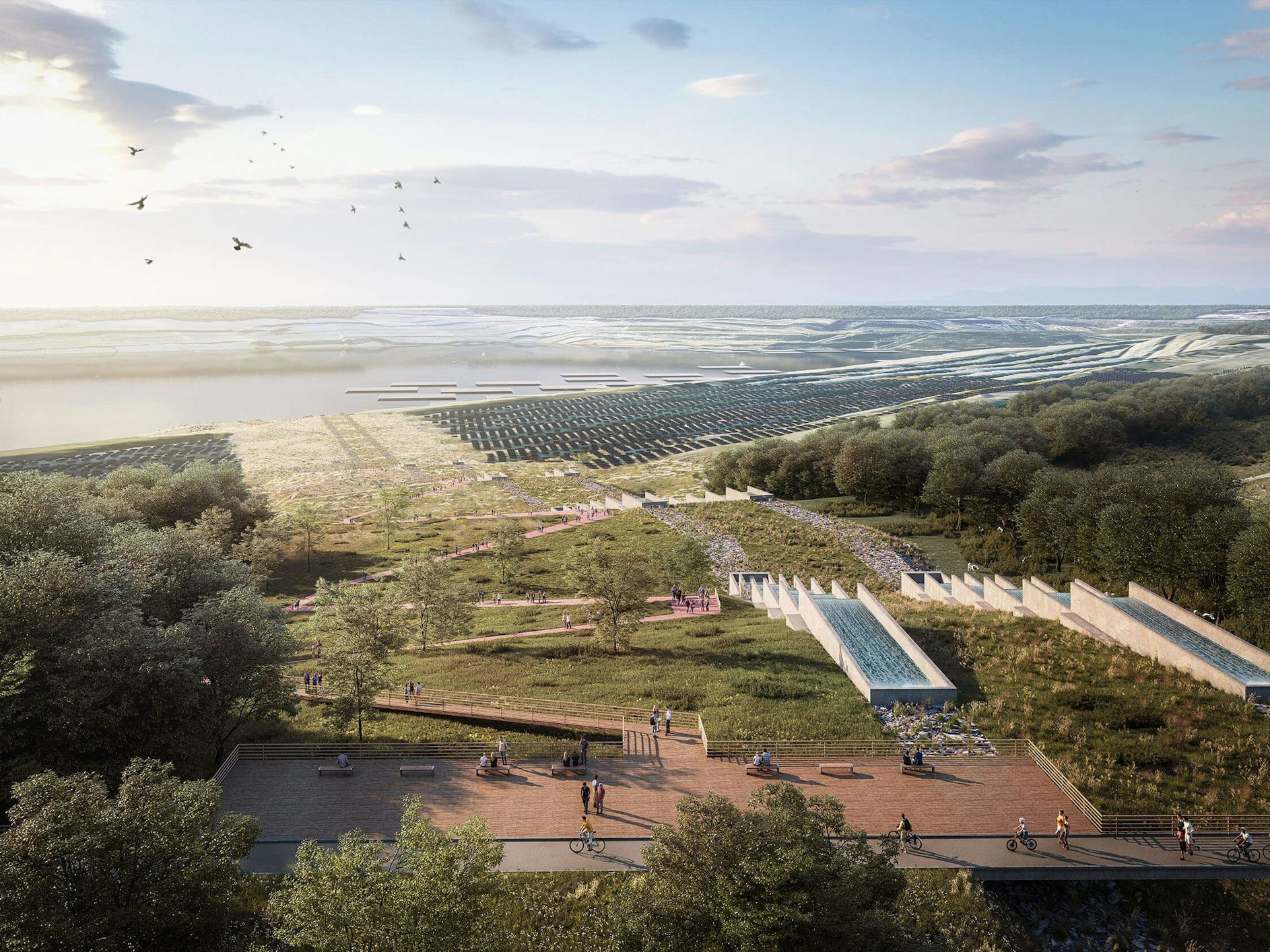Die Visualisierung zeigt, wie das Rheinwasser über Kaskaden an der Porta Sophia in den See laufen soll.