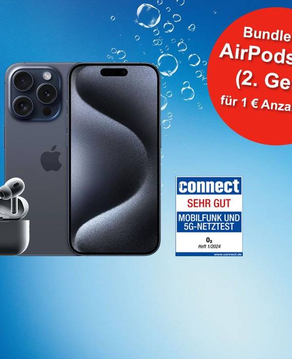 Das Smartphones Apple iPhone 15 Pro Max mit AirPods Pro (2. Gen.) vor blauem Hintergrund mit o2 Logo.