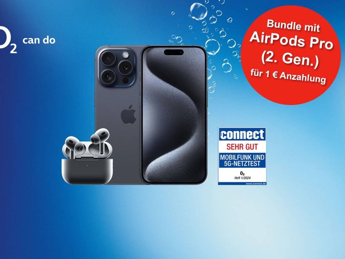 Das Smartphones Apple iPhone 15 Pro Max mit AirPods Pro (2. Gen.) vor blauem Hintergrund mit o2 Logo.