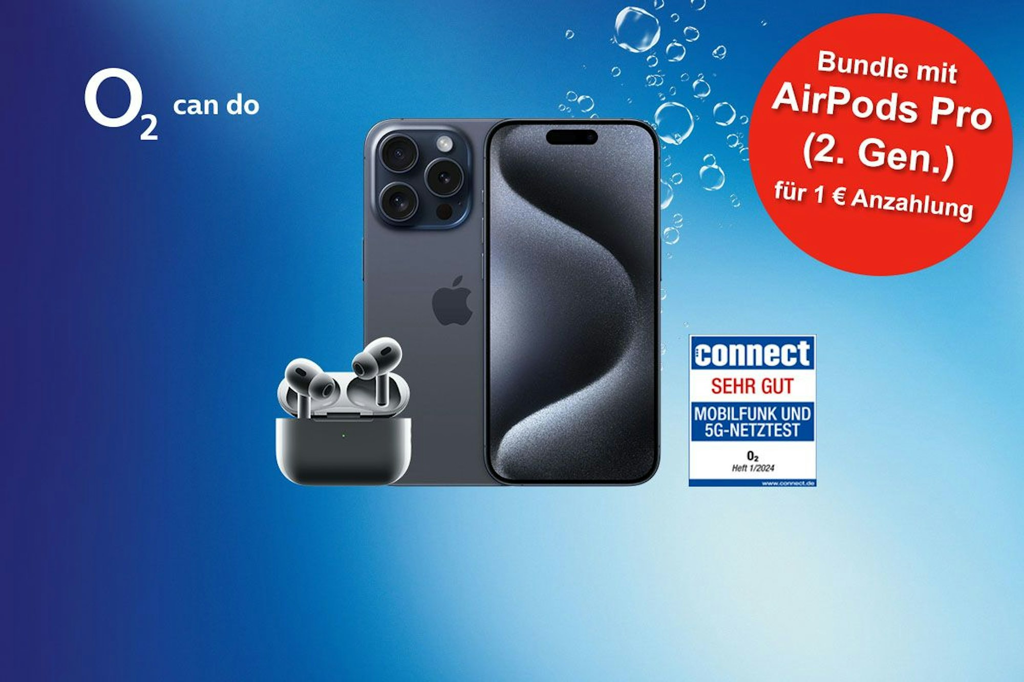 Das Smartphones Apple iPhone 15 Pro Max mit AirPods Pro (2. Gen.) vor blauem Hintergrund mit o2 Logo.