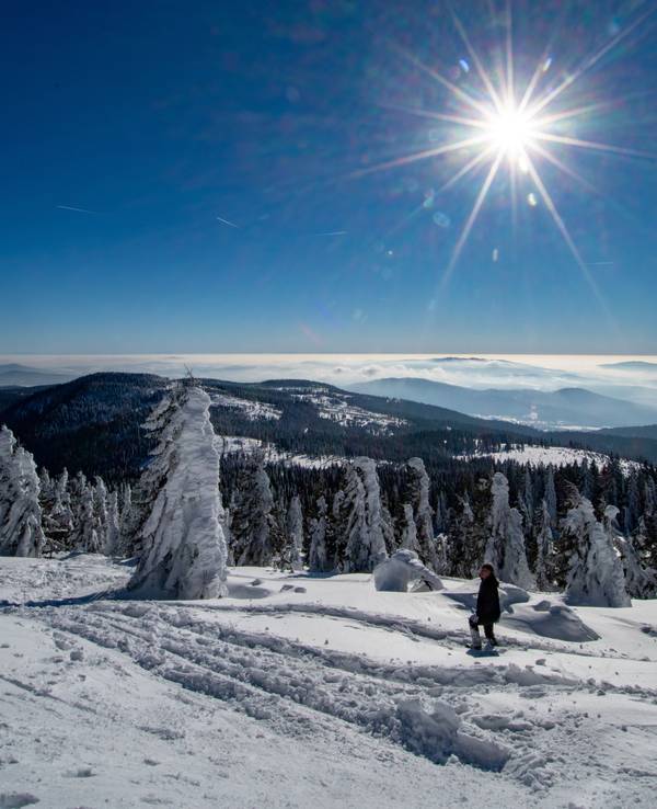 05.02.2019, Bayern, Bayerisch Eisenstein: Die Sonne scheint über 1456 Meter hohen Großen Arber im Bayerischen Wald. Foto: Armin Weigel/dpa +++ dpa-Bildfunk +++