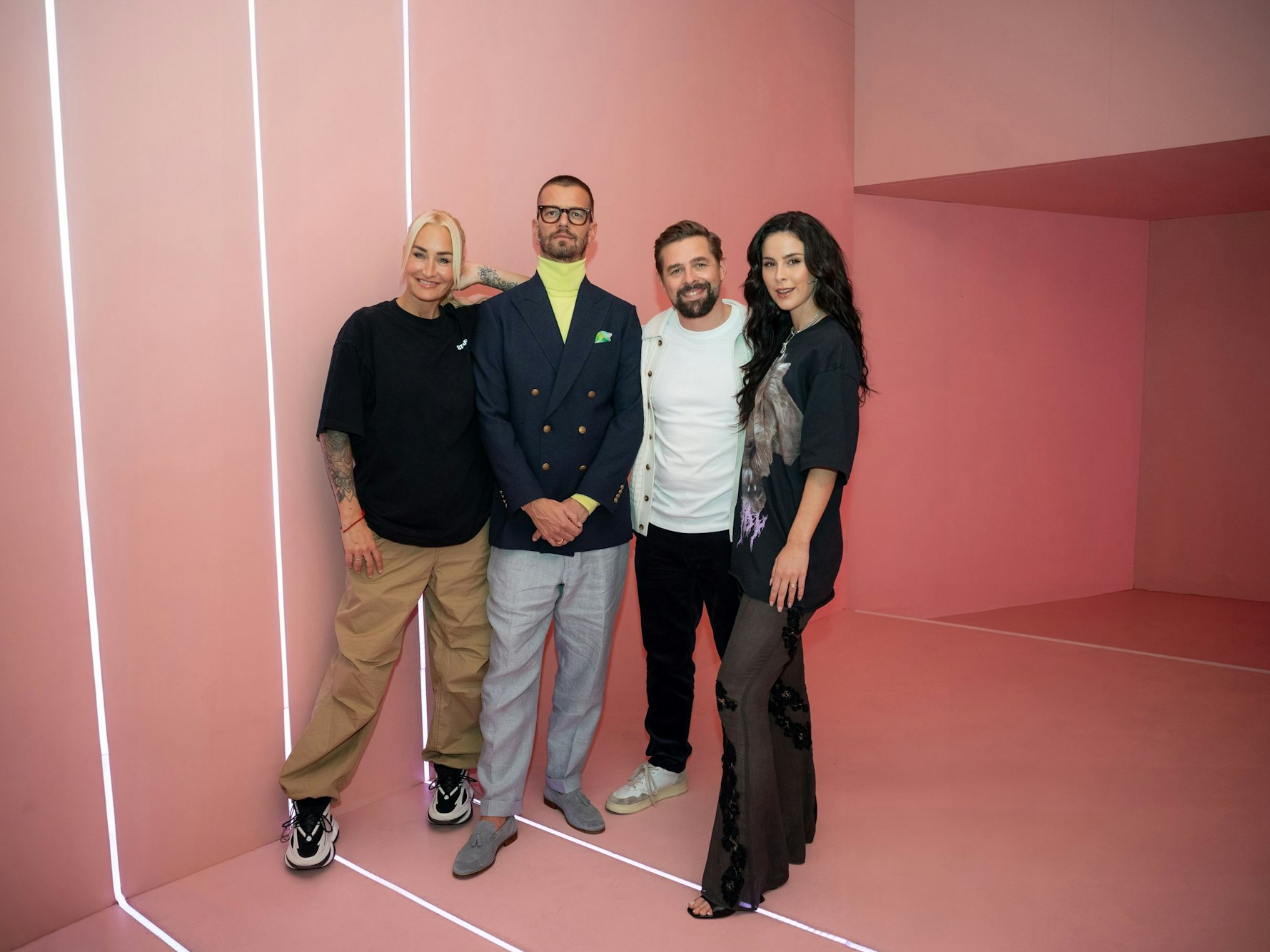 Die Teilnehmenden der TV-Show „Wer stiehlt mir die Show?“ (von links): Sarah Connor, Joko Winterscheidt, Klaas Heufer-Umlauf und Lena Meyer-Landrut, hier im Februar 2024.