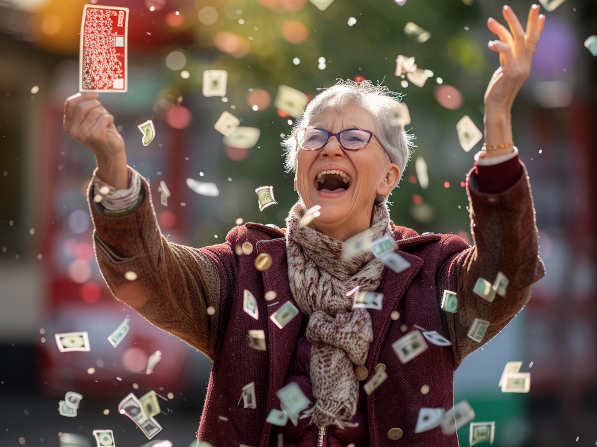 Unser maschinell erstelltes Symbolbild zeigt eine Frau, die sich über ihren Lottogewinn freut. Eine deutsche Kellnerin hat in der Schweiz einen Rekord-Gewinn eingefahren – kurz darauf kam es zur Tragödie.