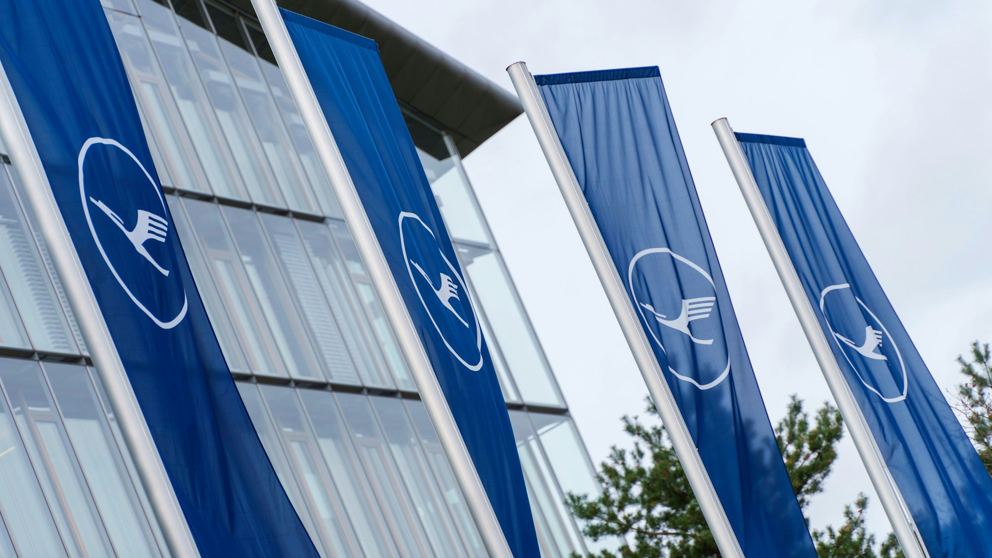 Lufthansa-Flaggen wehen vor dem Lufthansa-Aviation-Center im Wind.