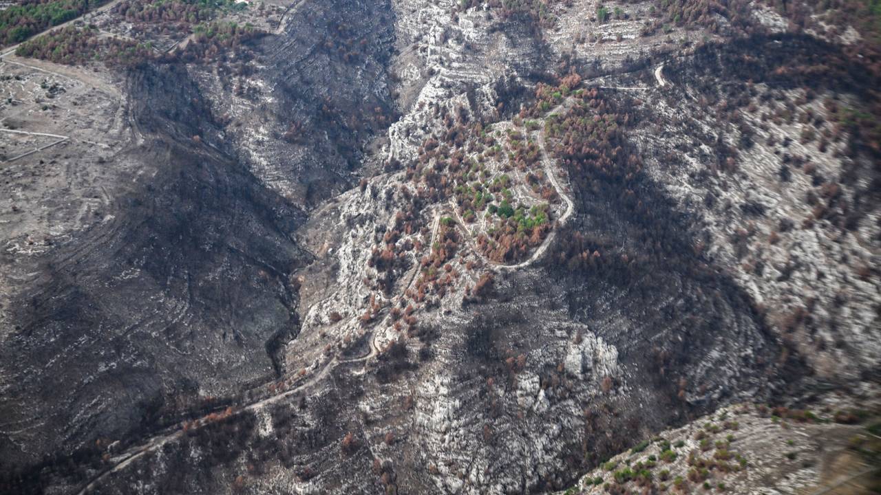 Die Aufnahmen aus einem Hubschrauber zeigen von den Waldbränden betroffene Gebiete.