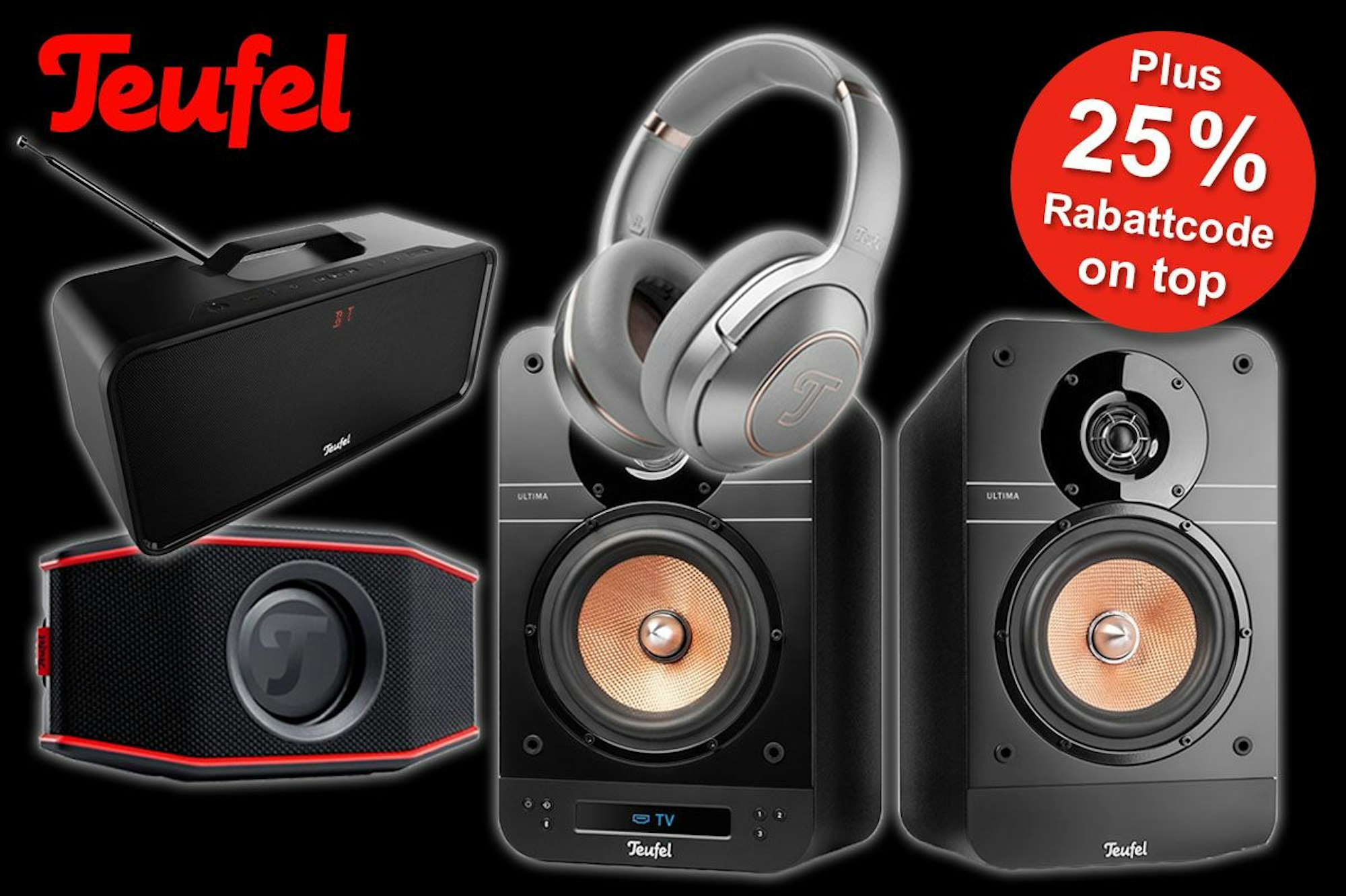 Teufel Audioprodukte wie Kopfhörer und Lautsprecher vor schwarzem Hintergrund.
