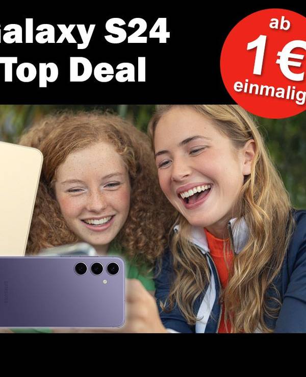 Zwei junge Frauen blicken lachend auf ein Smartphone. Die Smartphones Samsung Galaxy S24, S24+ und S24 Ultra in verschiedenen Farben mit Vodafone Logo im Bild.