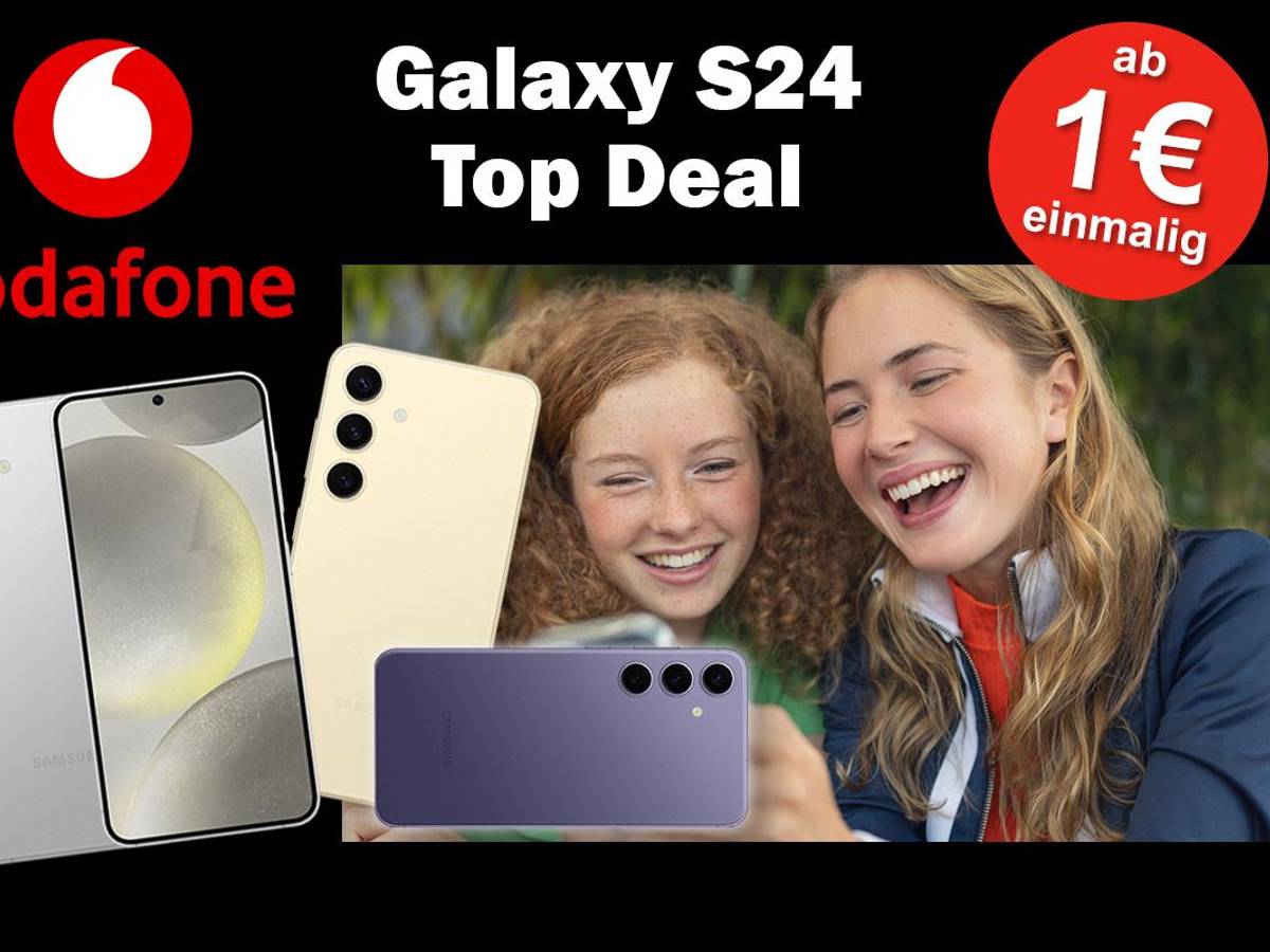 Zwei junge Frauen blicken lachend auf ein Smartphone. Die Smartphones Samsung Galaxy S24, S24+ und S24 Ultra in verschiedenen Farben mit Vodafone Logo im Bild.