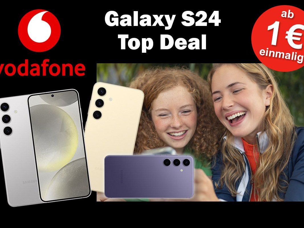 Zwei junge Frauen blicken lachend auf ein Smartphone. Die Smartphones Samsung Galaxy S24, S24+ und S24 Ultra in verschiedenen Farben mit Vodafone Logo im Bild.