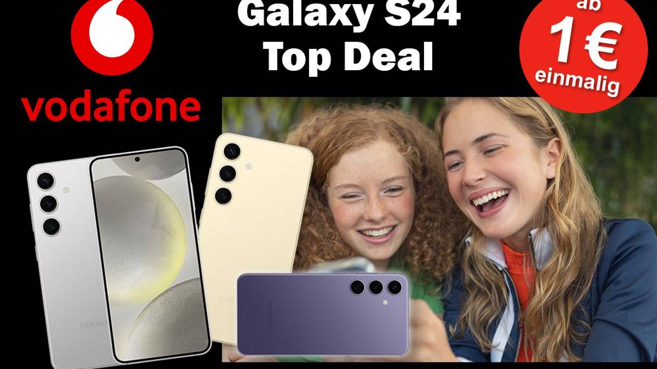 Zwei junge Frauen blicken lachend auf ein Smartphone. Die Smartphones Samsung Galaxy S24, S24+ und S24 Ultra in verschiedenen Farben mit Vodafone Logo im Bild.