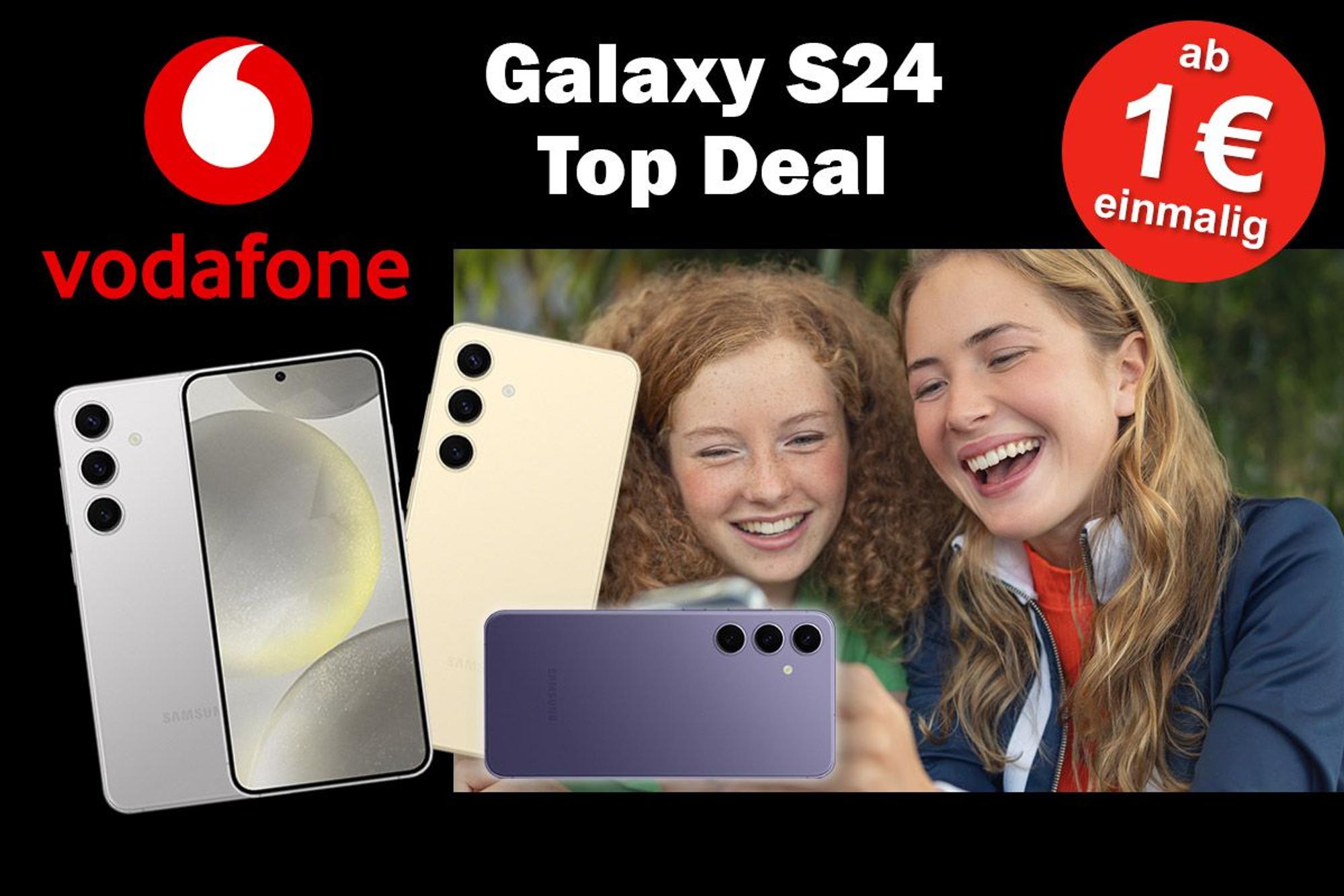 Zwei junge Frauen blicken lachend auf ein Smartphone. Die Smartphones Samsung Galaxy S24, S24+ und S24 Ultra in verschiedenen Farben mit Vodafone Logo im Bild.