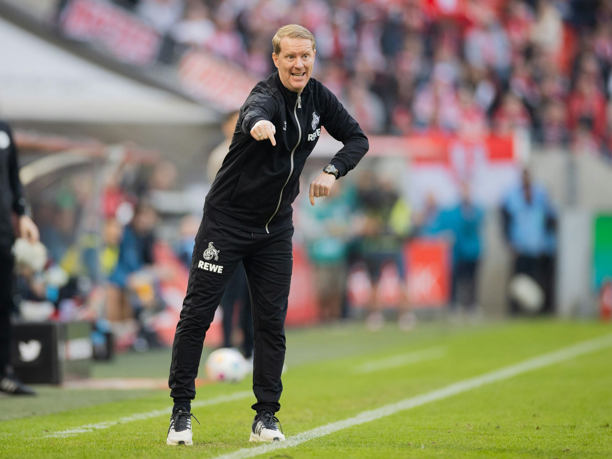 Kölns Trainer Timo Schultz zeigt an der Seitenlinie etwas an.