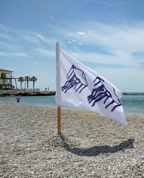 Eine rote Flagge und eine Flagge mit stilisierten Quallen sind am Strand gehisst. Quallen halten Menschen auf Mallorca und anderswo in Spanien immer mal wieder vom Wasser fern. Das Foto wurde bereits 2018 in El Molinar auf Mallorca aufgenommen.