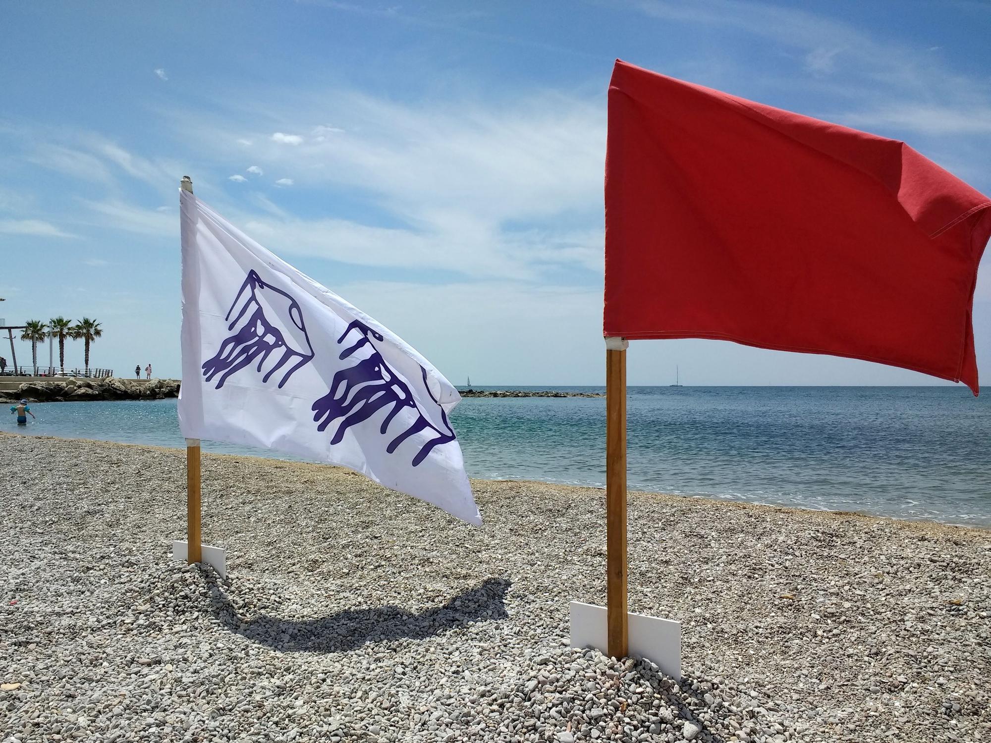 Eine rote Flagge und eine Flagge mit stilisierten Quallen sind am Strand gehisst. Quallen halten Menschen auf Mallorca und anderswo in Spanien immer mal wieder vom Wasser fern. Das Foto wurde bereits 2018 in El Molinar auf Mallorca aufgenommen.