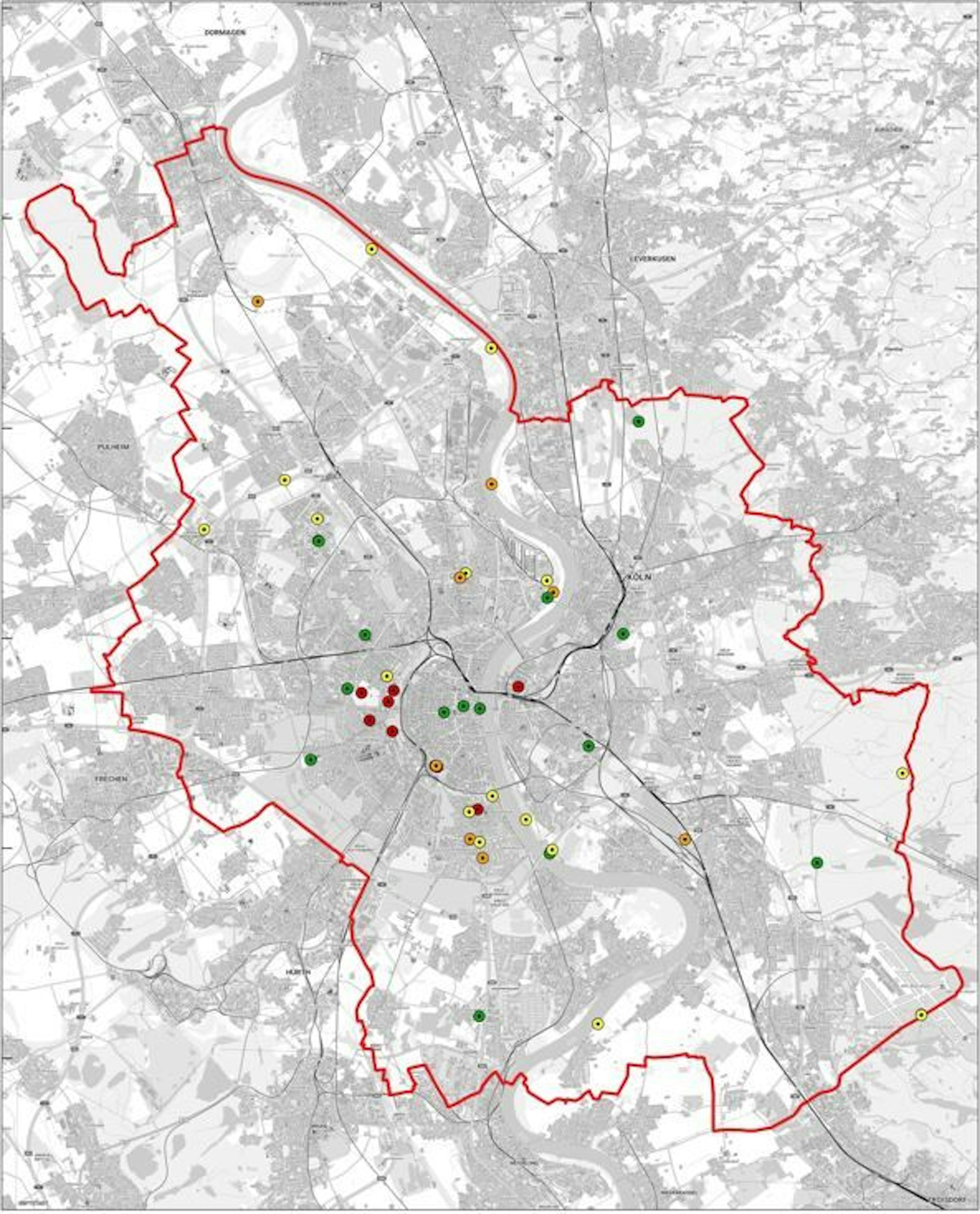 Karte mit den Bombenfunden in Köln im Jahr 2023.
