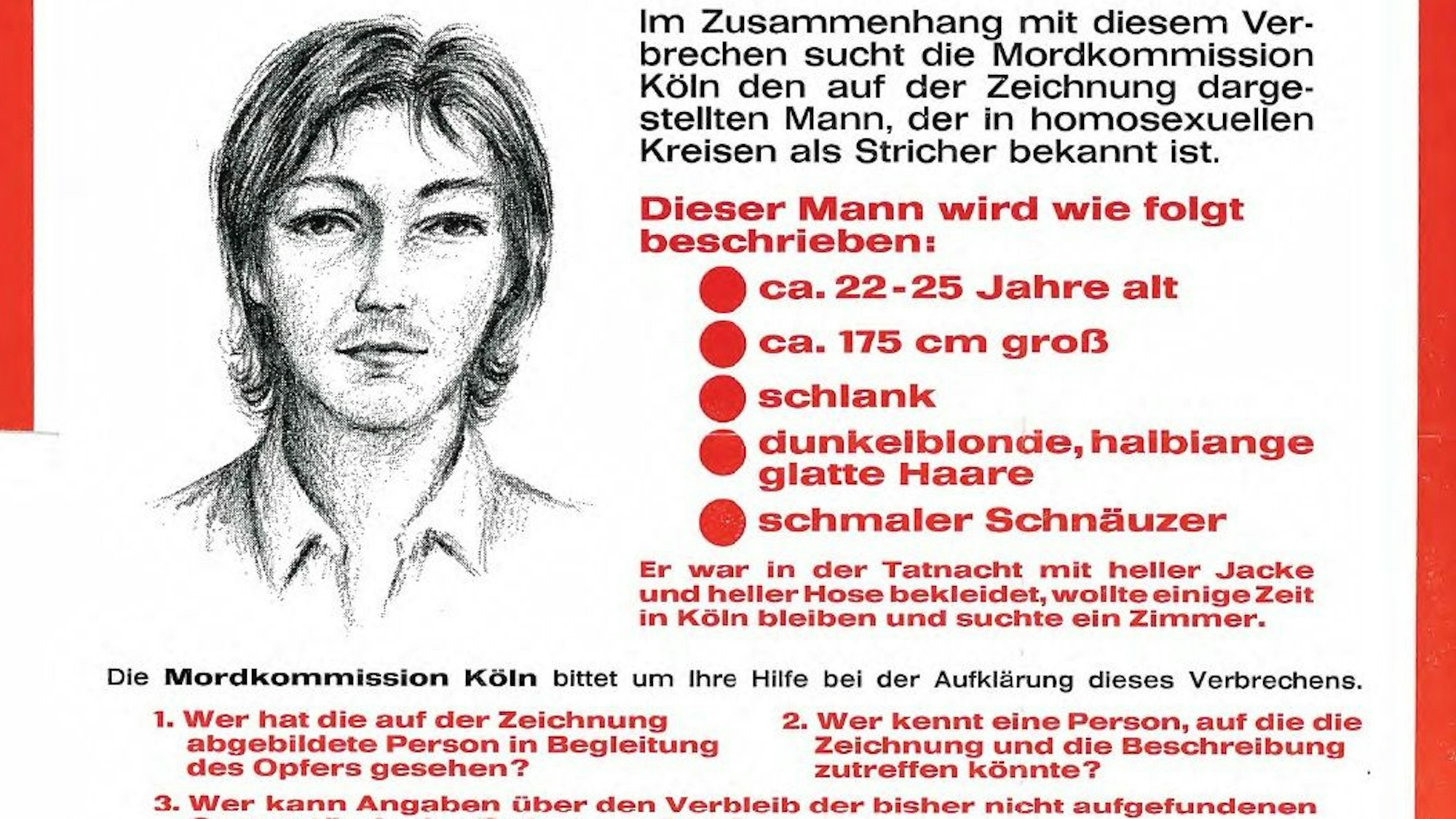 Ausschnitt eines alten Fahndungsplakates, das das gezeichnete Porträt eines jungen Mannes zeigt.