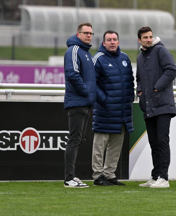 André Hechelmann, Marc Wilmots, Matthias Tillmann (v.l.n.r.) unmterhalten sich während des Schalke-Trainings.