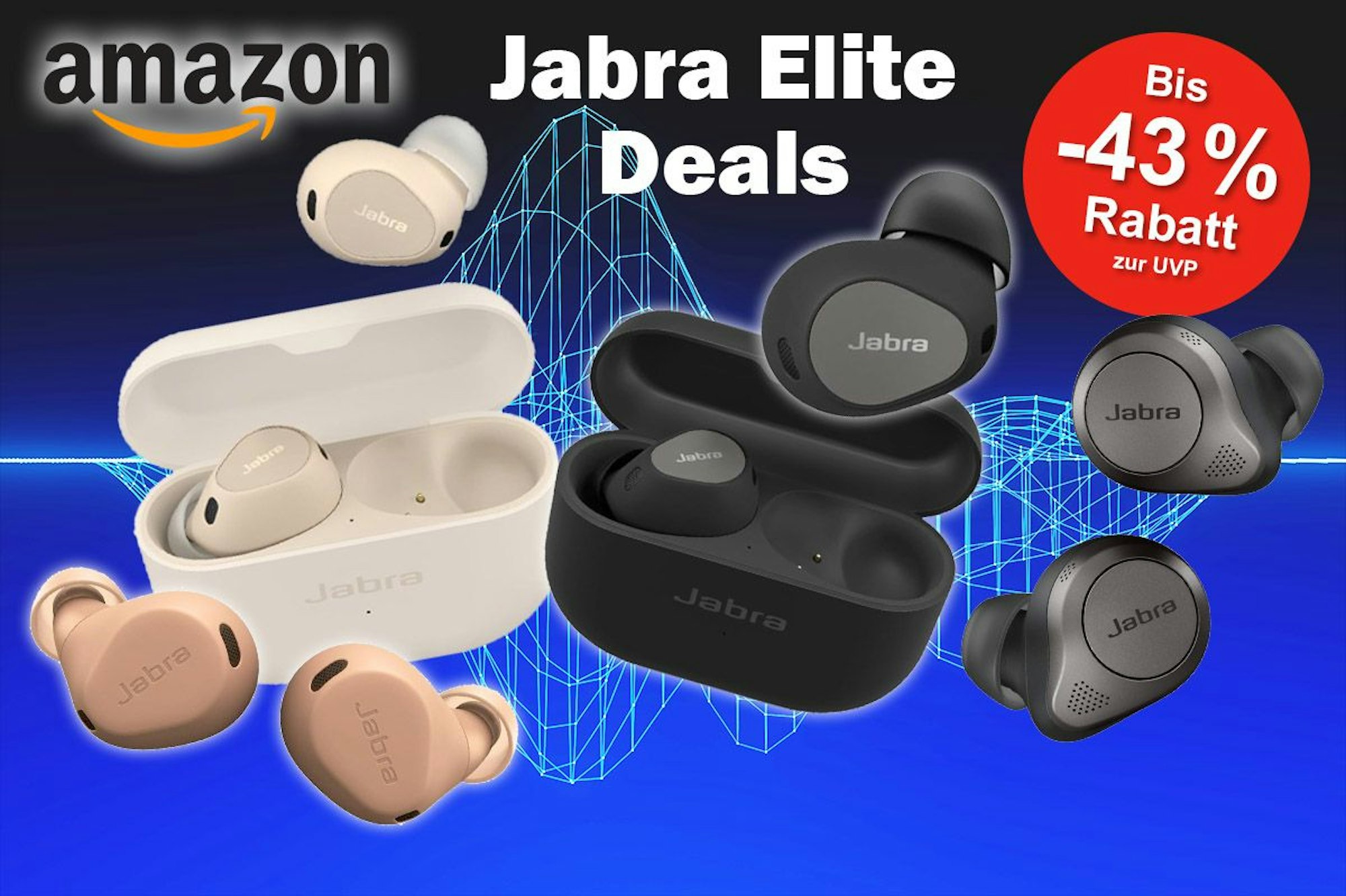 Jabra Elite 10 Bluetooth Kopfhörer sowie weitere Modelle aus der Reihe Jabra Elite in verschiedenen Farben.