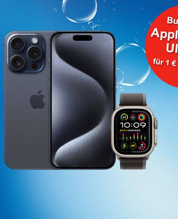 Das Smartphones Apple iPhone 15 Pro Max mit Apple Watch Ultra 2 vor blauem Hintergrund mit Luftblasen im Wasser und o2 Logo.