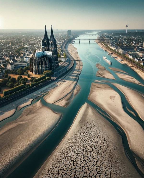 Das maschinell erstellte Bild von ChatGPT zeigt den Rhein bei Köln bei extremer Trockenheit.