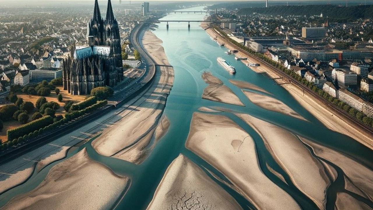 Das maschinell erstellte Bild von ChatGPT zeigt den Rhein bei Köln bei extremer Trockenheit.