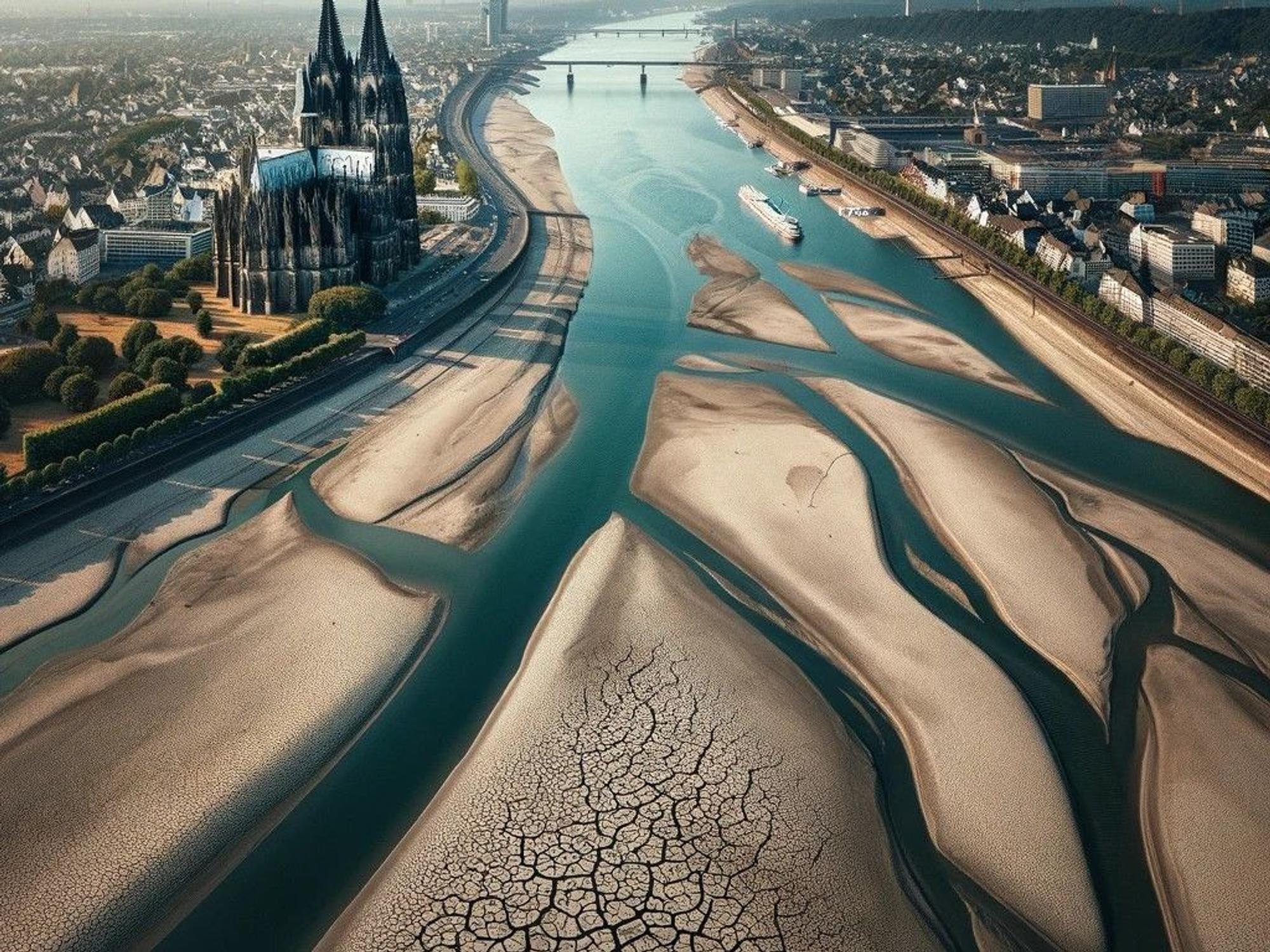 Das maschinell erstellte Bild von ChatGPT zeigt den Rhein bei Köln bei extremer Trockenheit.