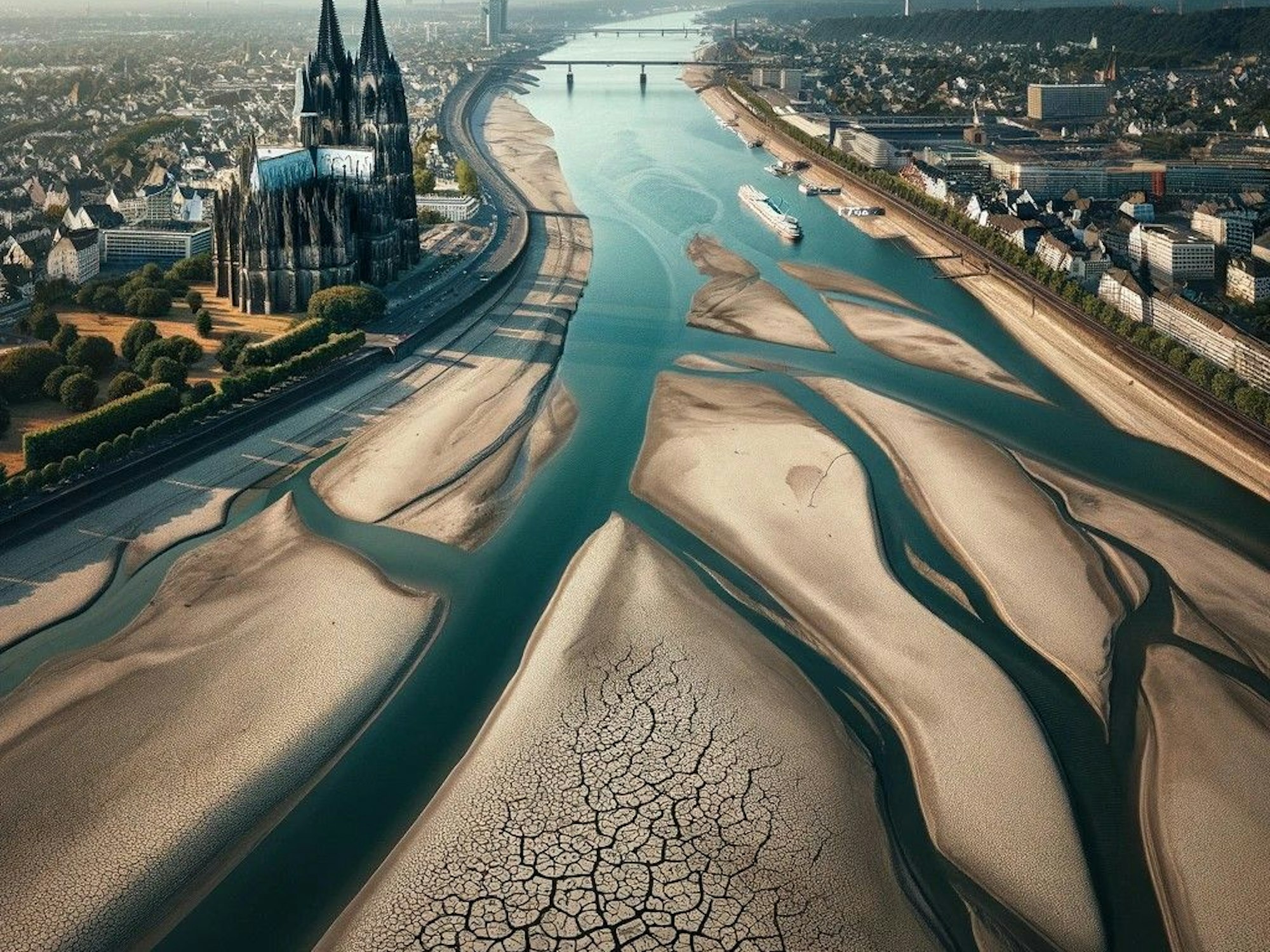 Das maschinell erstellte Bild von ChatGPT zeigt den Rhein bei Köln bei extremer Trockenheit.