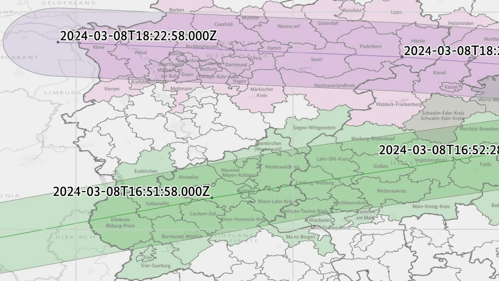 Die Karte des BBK zeigt die berechnete Flugbahnen des ISS-Weltraumschrotts, der am Freitag auch über Deutschland und NRW fliegen soll.