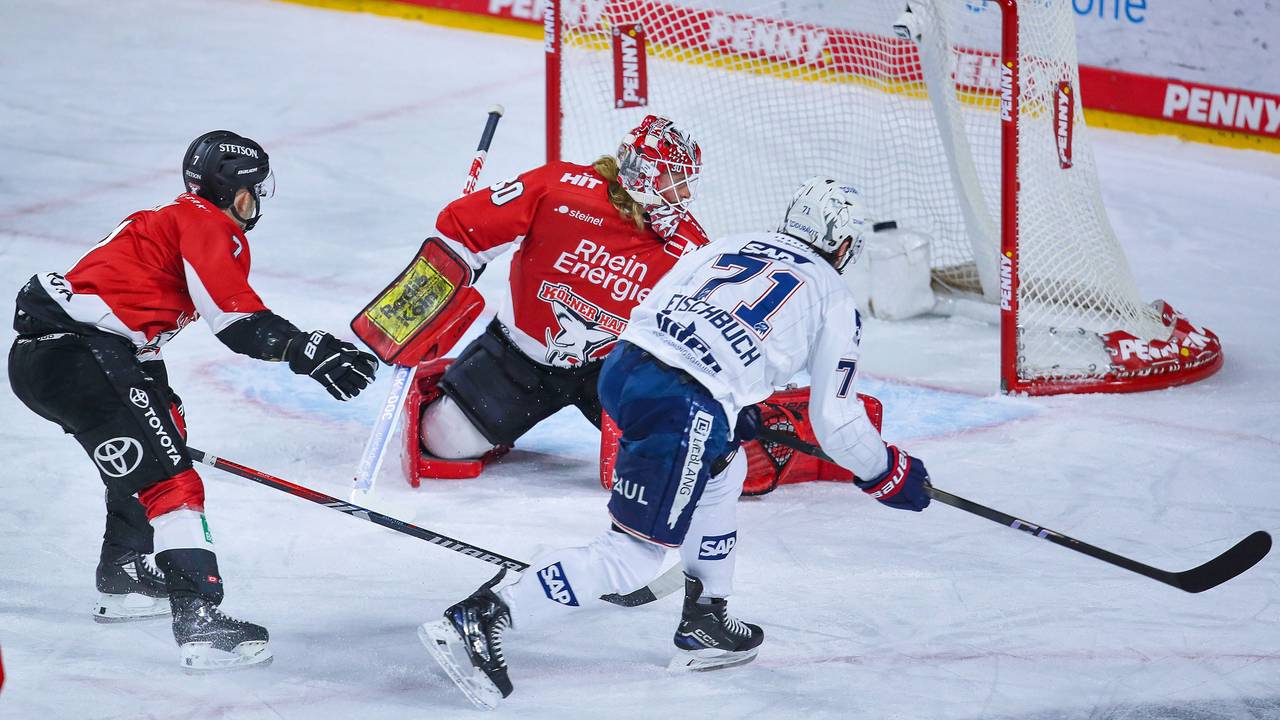 Daniel Fischbuch schließt ein Solo gegen die Kölner Haie zum Ausgleich für Mannheim am.