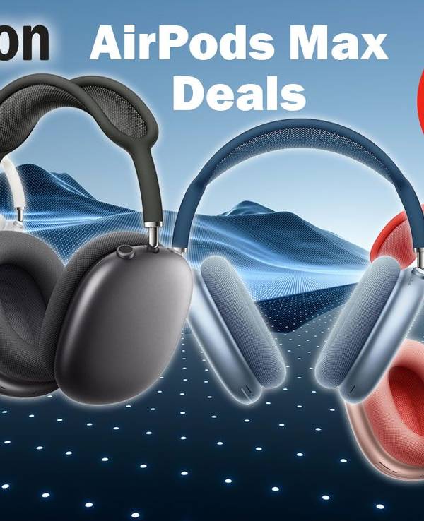 Apple AirPods Max Kopfhörer in verschiedenen Farben vor einer futuristischen digitalen Landschaft.