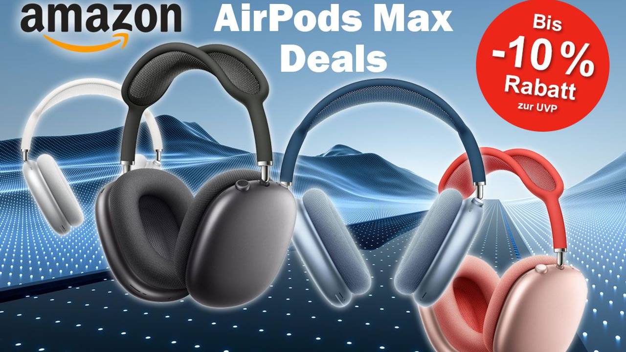 Apple AirPods Max Kopfhörer in verschiedenen Farben vor einer futuristischen digitalen Landschaft.