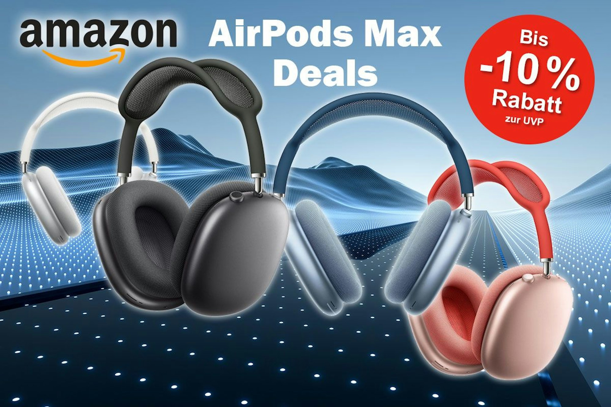 Apple AirPods Max Kopfhörer in verschiedenen Farben vor einer futuristischen digitalen Landschaft.