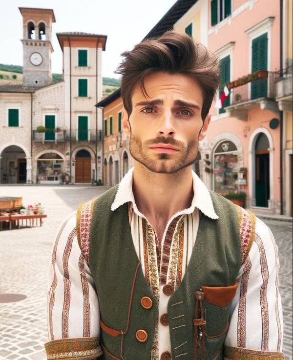 Auf unserem von einer Künstlichen Intelligenz erstellten Bild ist eine Person zu sehen, die traurig vor einer typisch italienischen Dorf-Kulisse steht