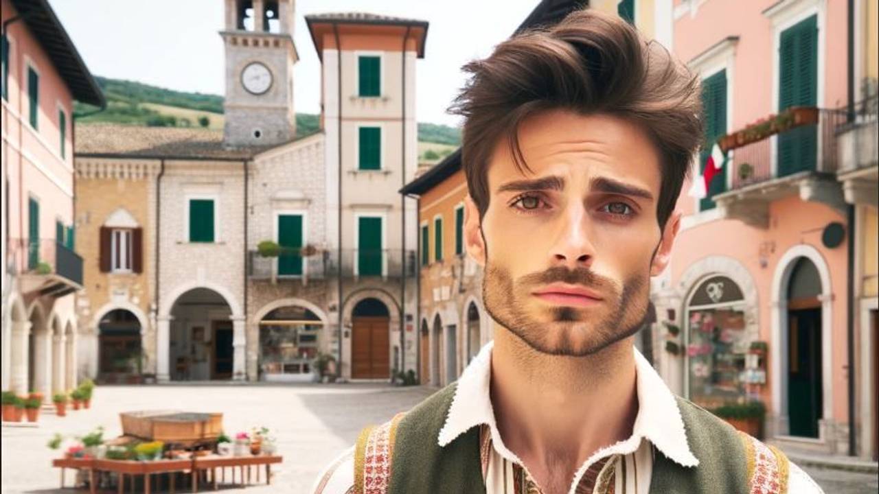Auf unserem von einer Künstlichen Intelligenz erstellten Bild ist eine Person zu sehen, die traurig vor einer typisch italienischen Dorf-Kulisse steht