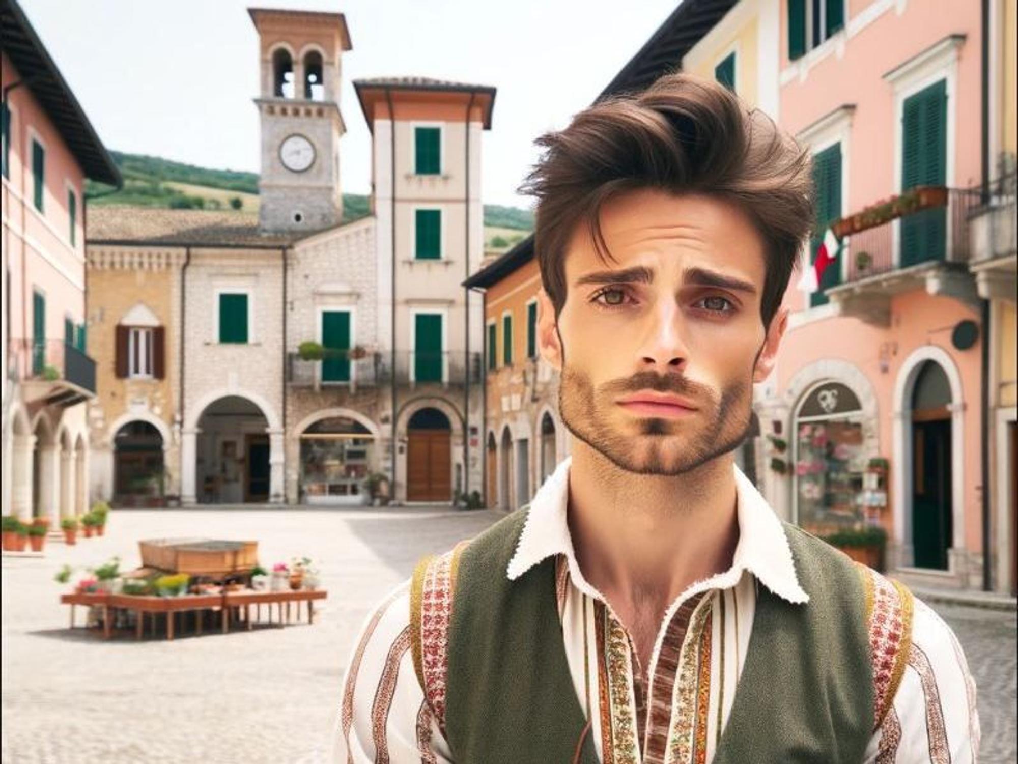 Auf unserem von einer Künstlichen Intelligenz erstellten Bild ist eine Person zu sehen, die traurig vor einer typisch italienischen Dorf-Kulisse steht