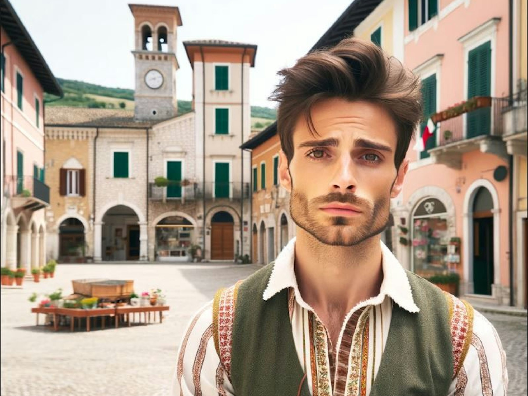 Auf unserem von einer Künstlichen Intelligenz erstellten Bild ist eine Person zu sehen, die traurig vor einer typisch italienischen Dorf-Kulisse steht