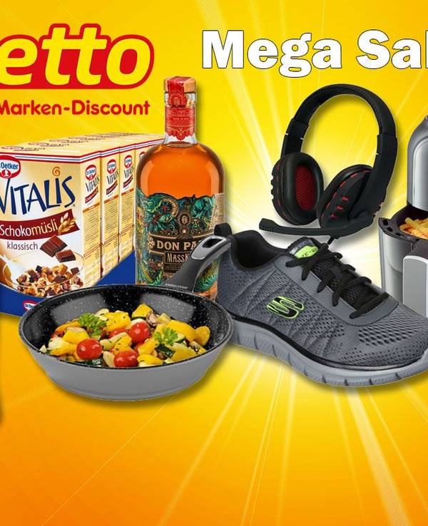Produkte im Netto Sale aus vielen Produktkategorien: Aperol, Don Papa Rum, Skechers Sneaker, Heißluftfritteuse, Dr. Oetker Müsli und mehr.