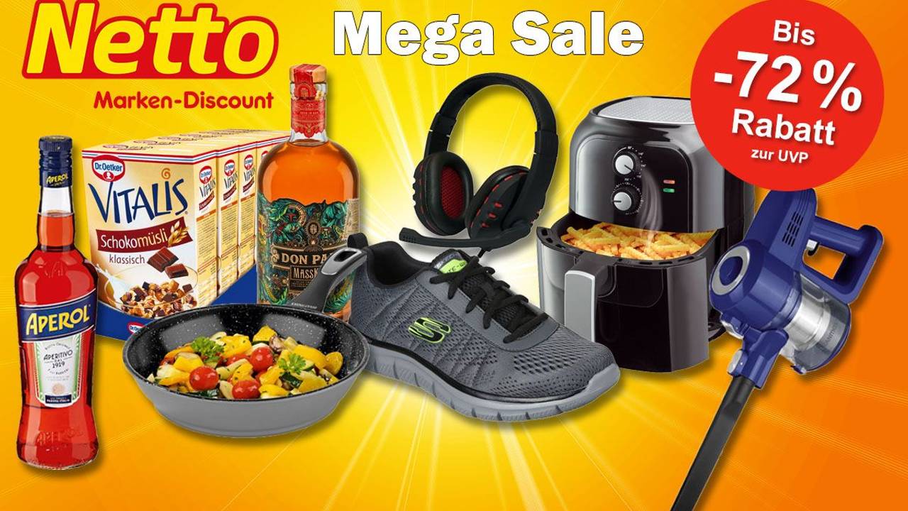 Produkte im Netto Sale aus vielen Produktkategorien: Aperol, Don Papa Rum, Skechers Sneaker, Heißluftfritteuse, Dr. Oetker Müsli und mehr.