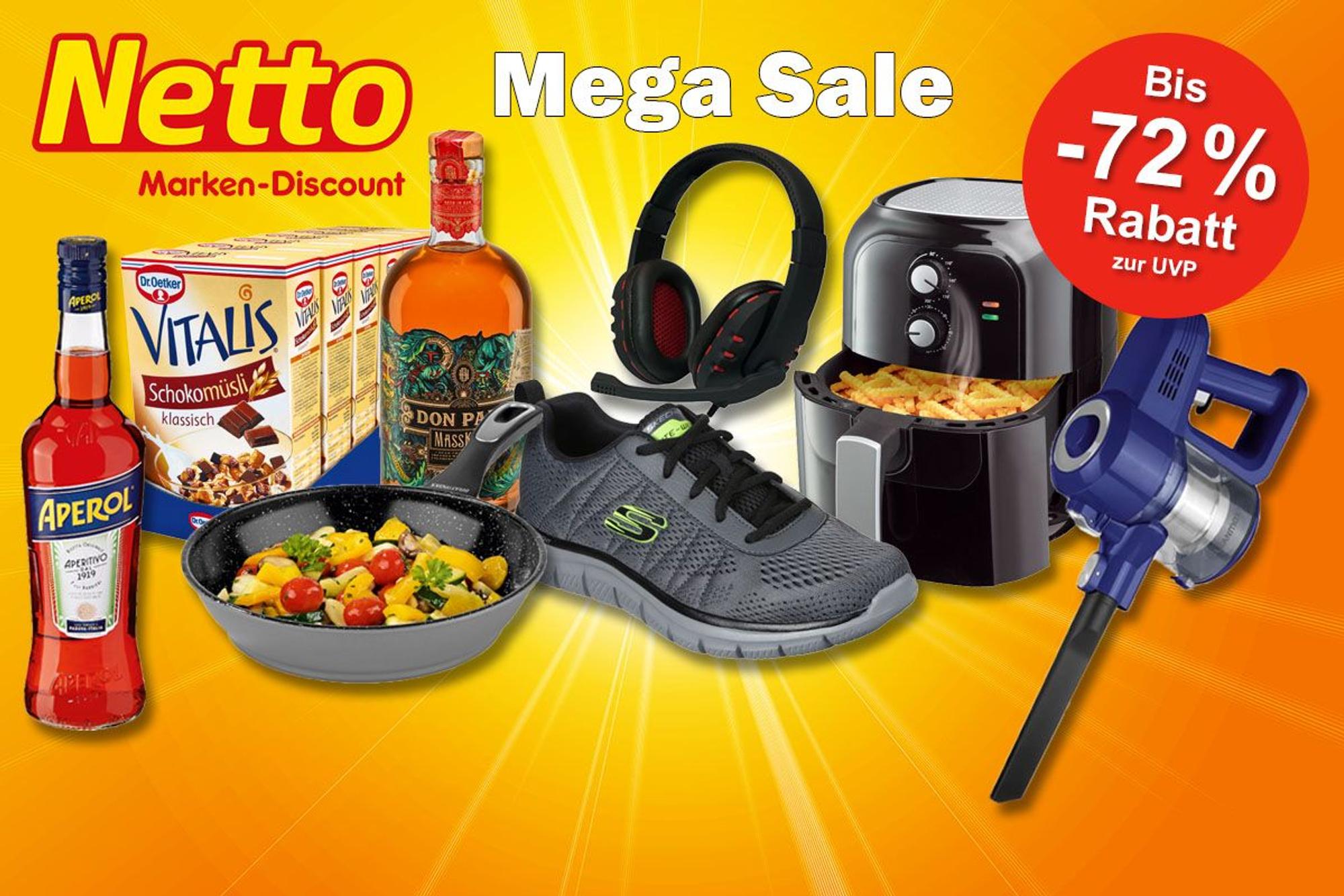 Produkte im Netto Sale aus vielen Produktkategorien: Aperol, Don Papa Rum, Skechers Sneaker, Heißluftfritteuse, Dr. Oetker Müsli und mehr.