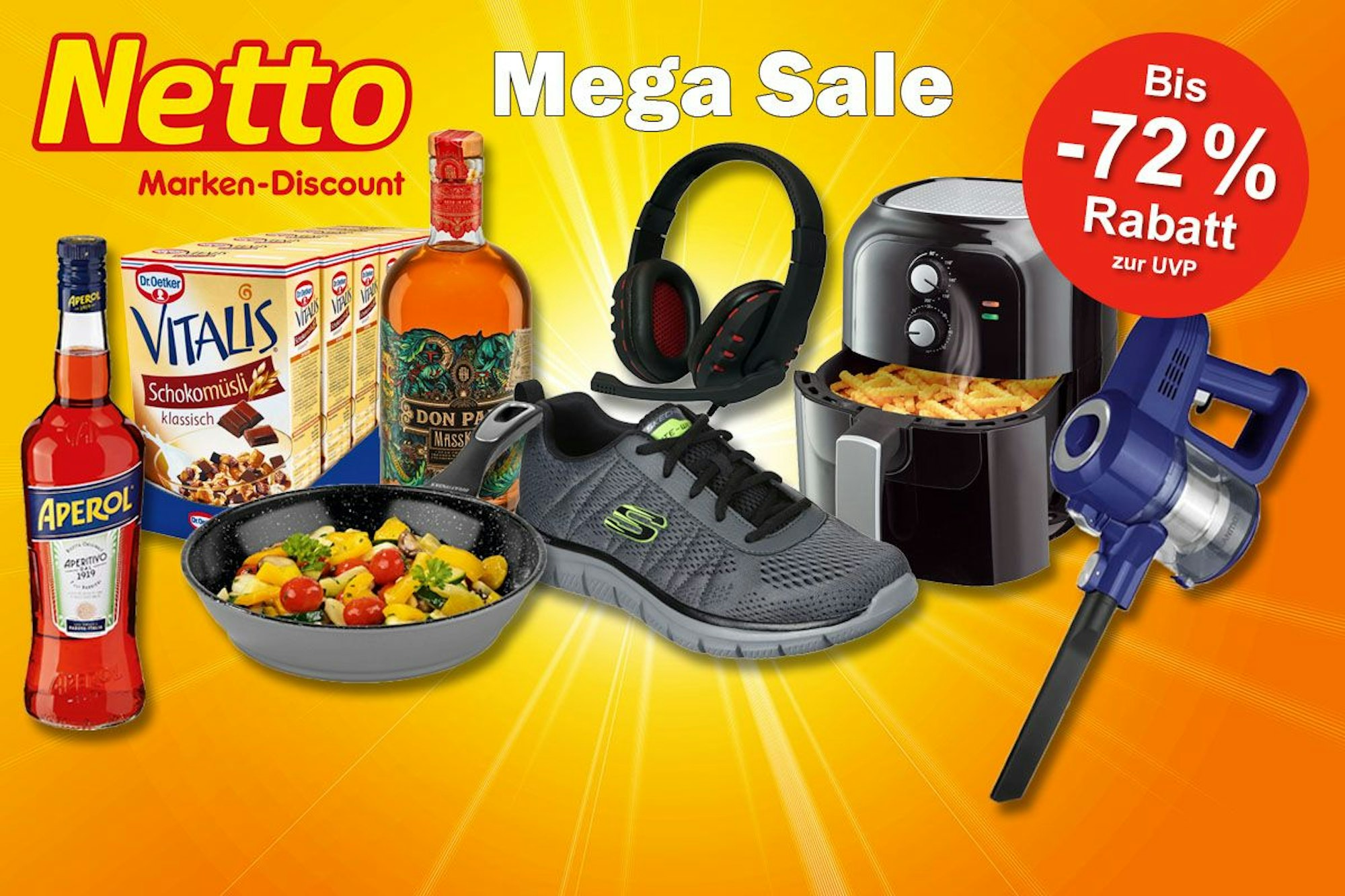 Produkte im Netto Sale aus vielen Produktkategorien: Aperol, Don Papa Rum, Skechers Sneaker, Heißluftfritteuse, Dr. Oetker Müsli und mehr.