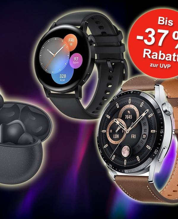 Huawei Smartwatches & Buds vor dunklem Hintergrund angeordnet.